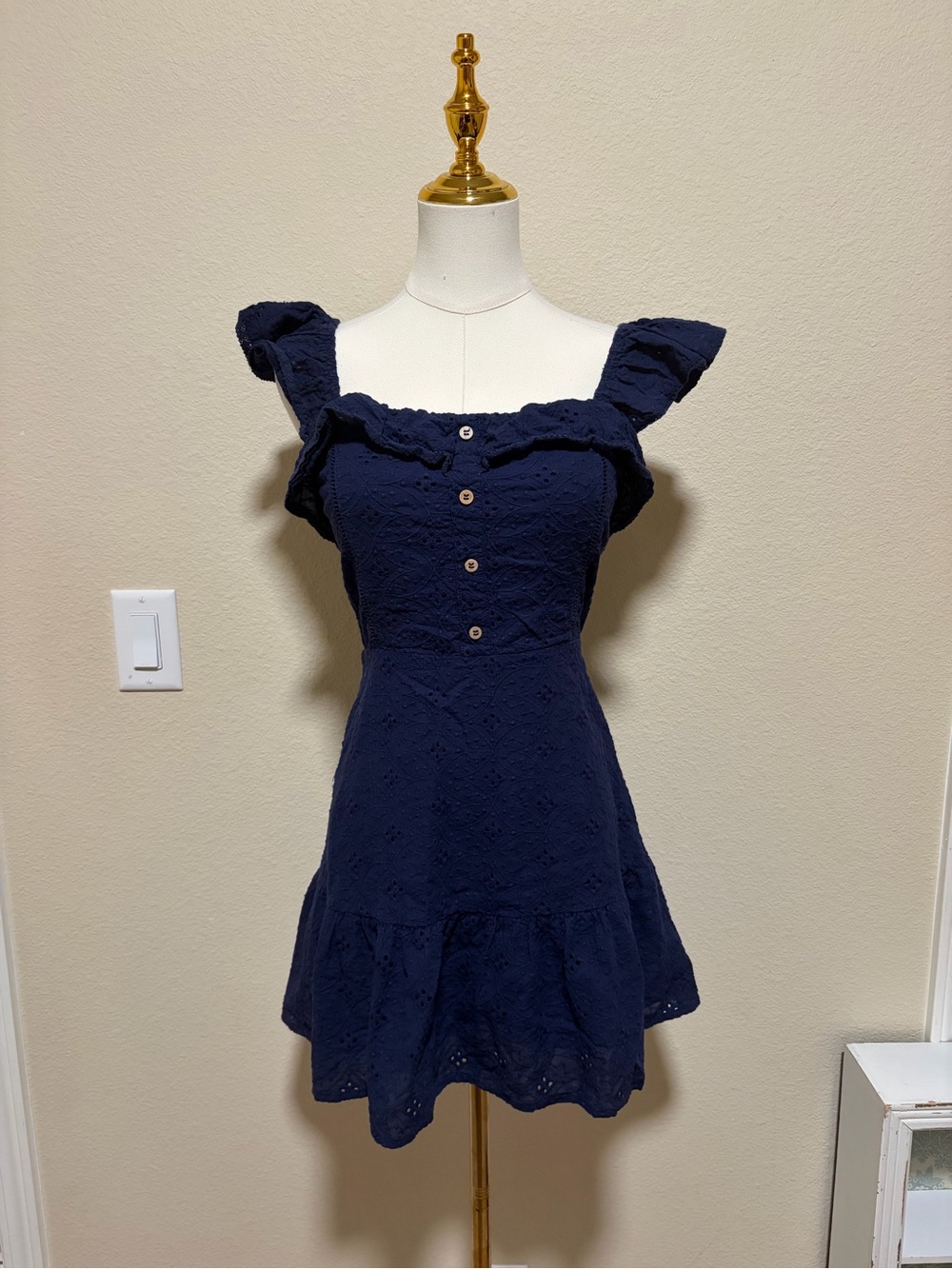Girls Navy Eyelet Button-Front Ruffle Dress